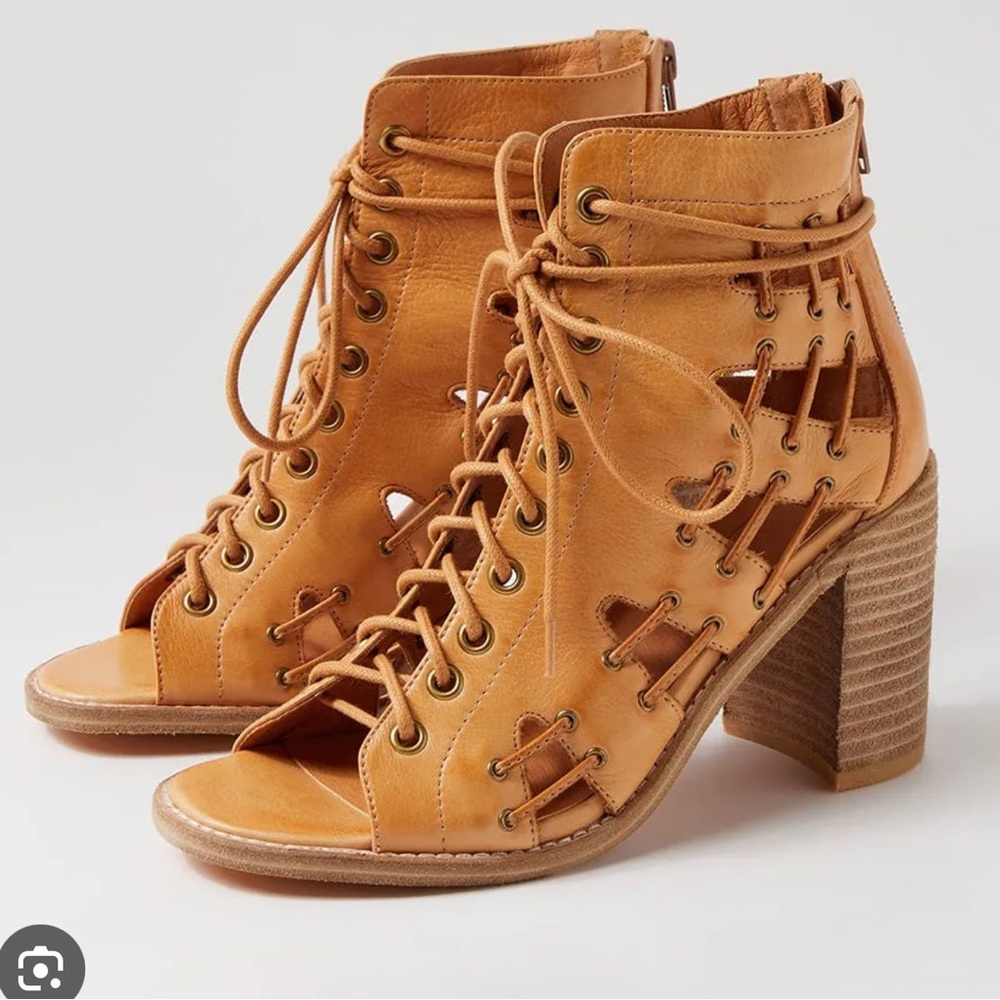 Anthro Jayman Lace Up Heeled Sandal Boot Tan Leather Boho Western Block Heel 41